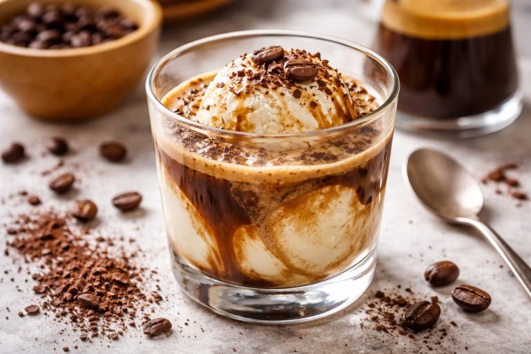 аффогато — кава з морозивом у склянці з еспресо та ванільним морозивом