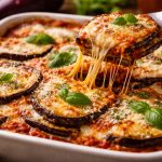 Баклажани Парміджана з моцарелою та пармезаном, запечені в томатному соусі