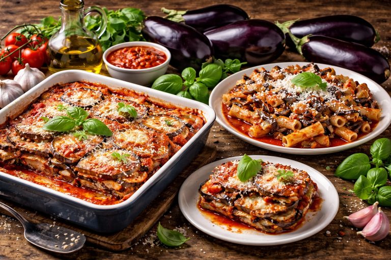 баклажани в італійських стравах — parmigiana di melanzane та pasta alla Norma на дерев’яному столі з томатами та базиліком