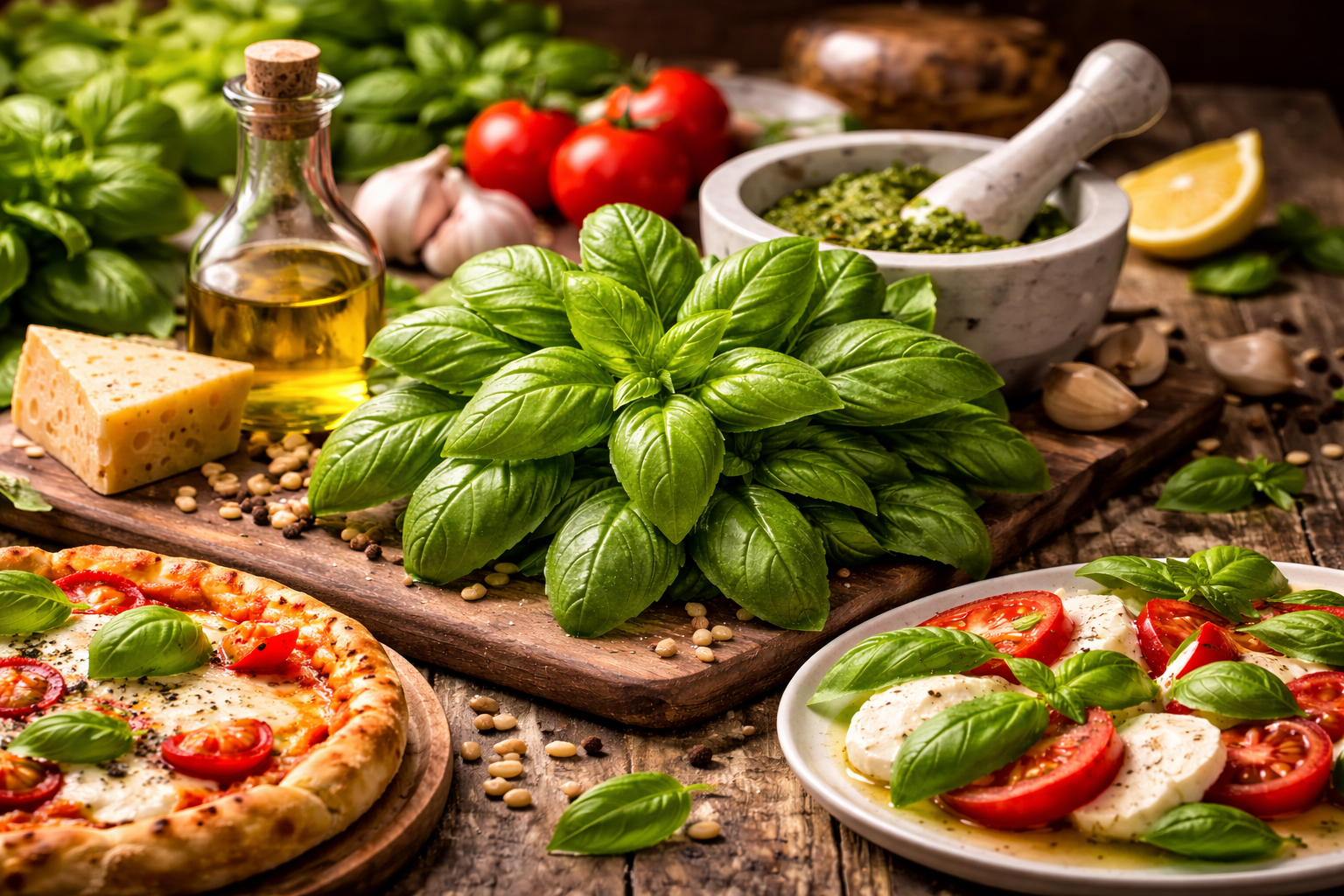 Свіжий базилік на дерев’яному столі з соусом песто, томатами, моцарелою та піцою Маргарита — інгредієнти італійської кухні