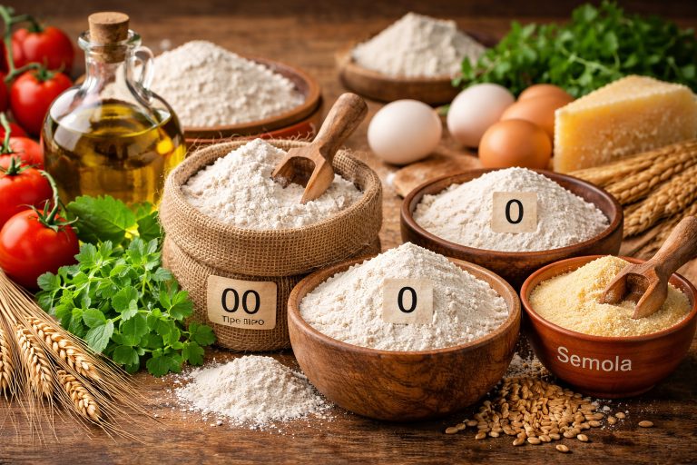 борошно для італійської кухні — різні типи борошна 00, 0 та semola на дерев’яному столі
