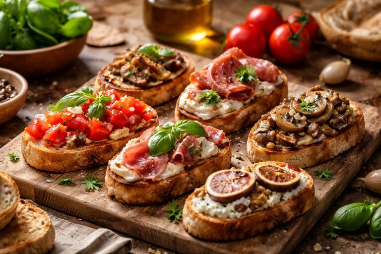 Брускета — класична італійська закуска з томатами, базиліком, прошуто та грибами на підсушеному хлібі