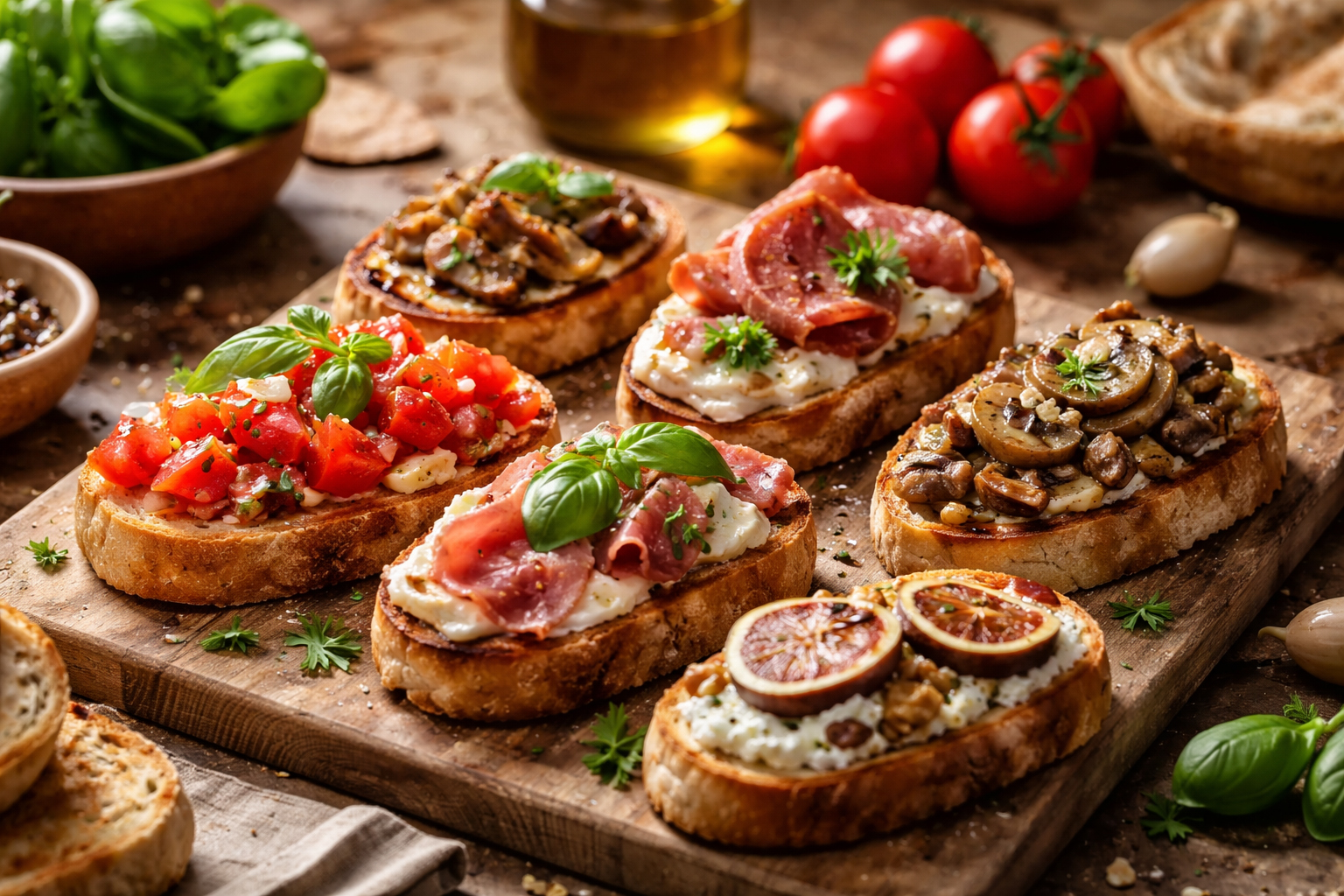 Брускета — класична італійська закуска з томатами, базиліком, прошуто та грибами на підсушеному хлібі