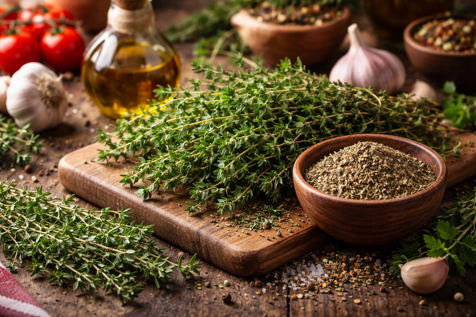 Свіжий та сушений чебрець на дерев’яній кухонній дошці з оливковою олією, часником і спеціями — ароматичні трави італійської кухні