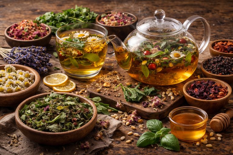 тізана — трав’яний настій у скляному чайнику з ромашкою, м’ятою та сушеними травами на дерев’яному столі