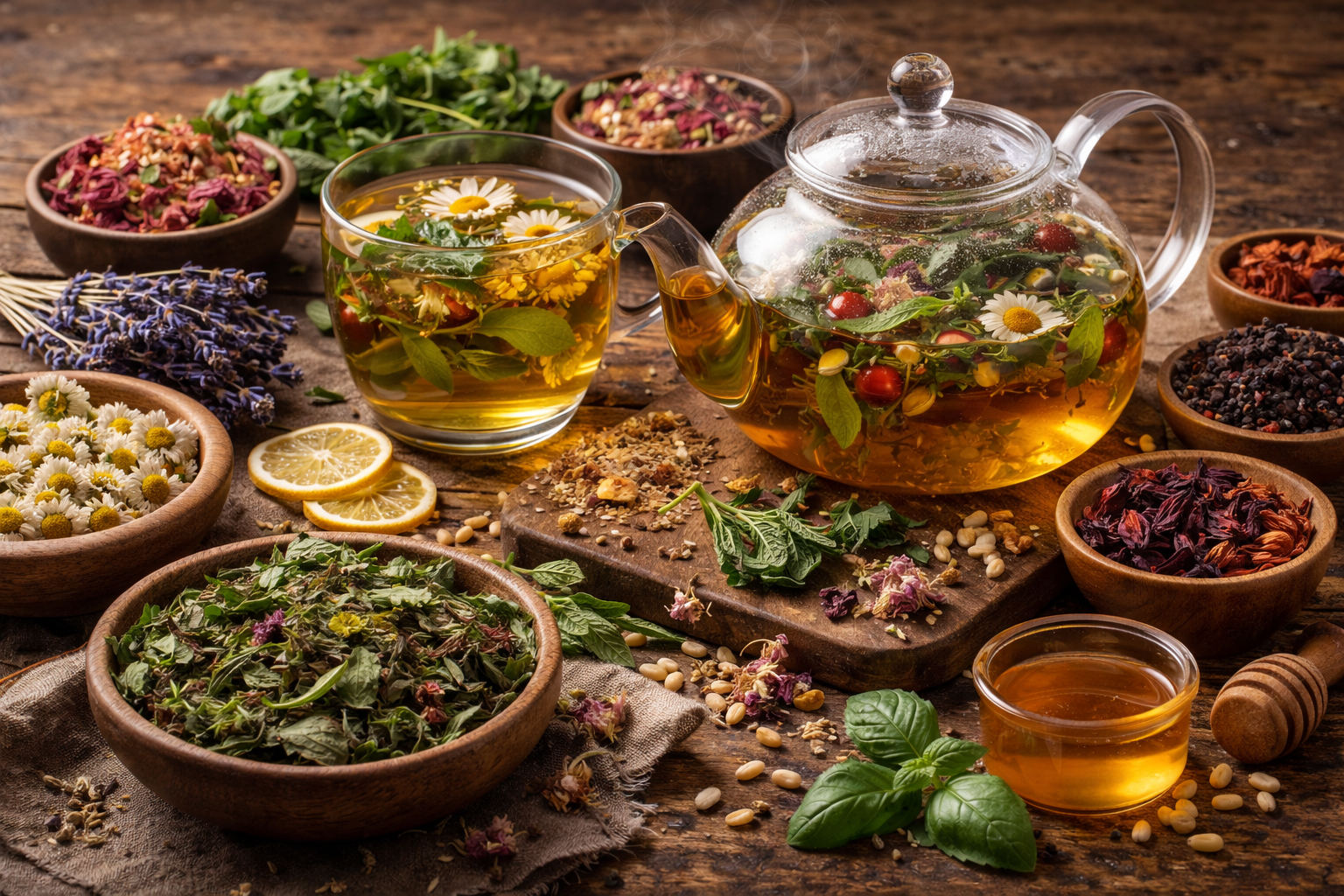 тізана — трав’яний настій у скляному чайнику з ромашкою, м’ятою та сушеними травами на дерев’яному столі