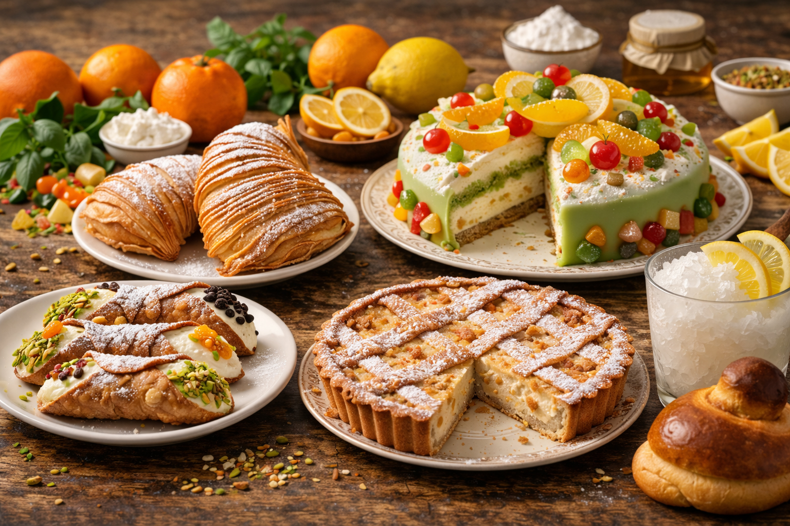 десерти Південної Італії — cannoli, sfogliatella, cassata siciliana та pastiera на дерев’яному столі з цитрусовими та фісташками