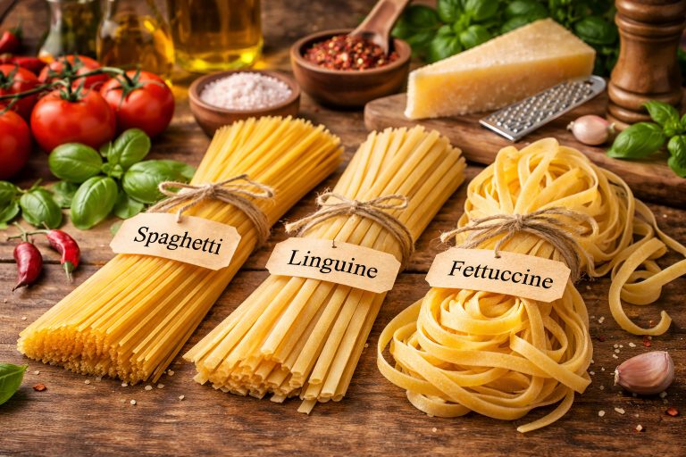 довга паста — спагетті, лінгвіні та фетучіні на дерев’яному столі з інгредієнтами італійської кухні
