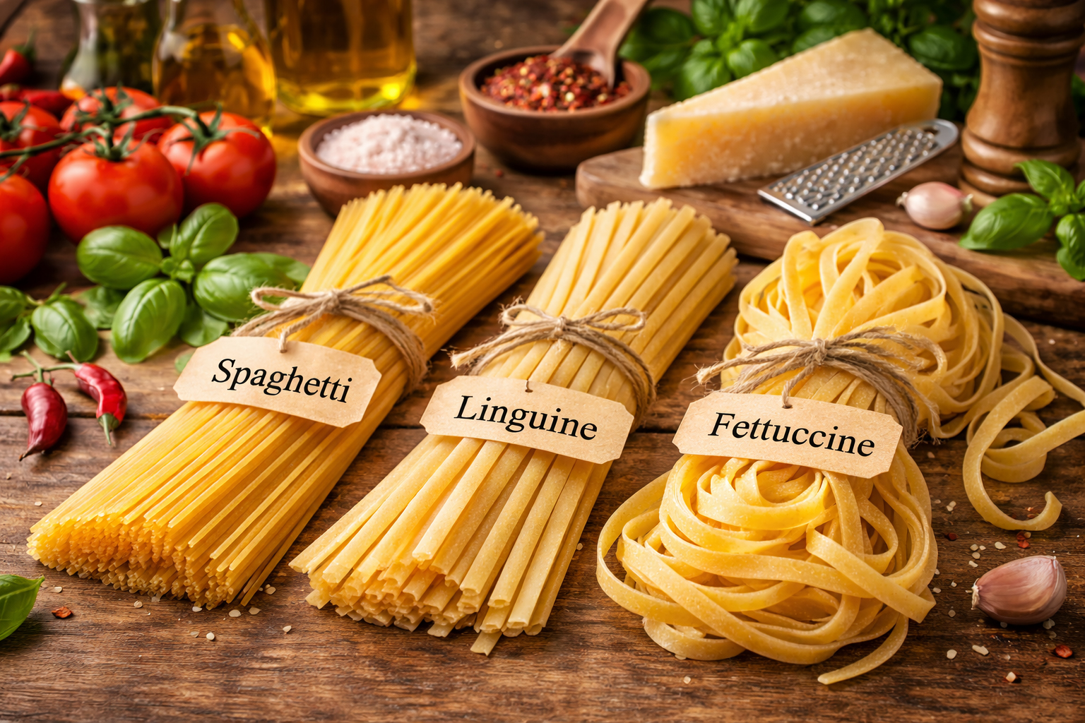 довга паста — спагетті, лінгвіні та фетучіні на дерев’яному столі з інгредієнтами італійської кухні