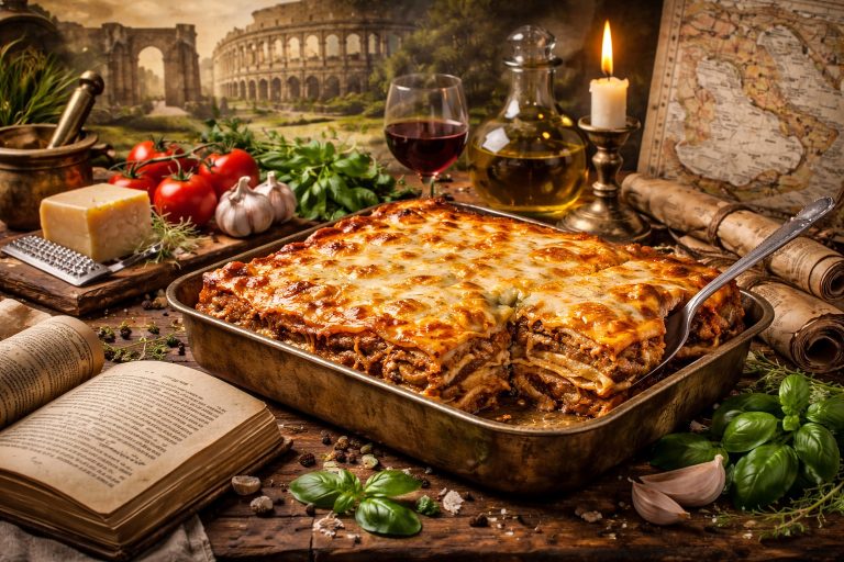 Історія лазаньї — запечена італійська лазанья у формі з інгредієнтами та старовинною кулінарною книгою на дерев’яному столі