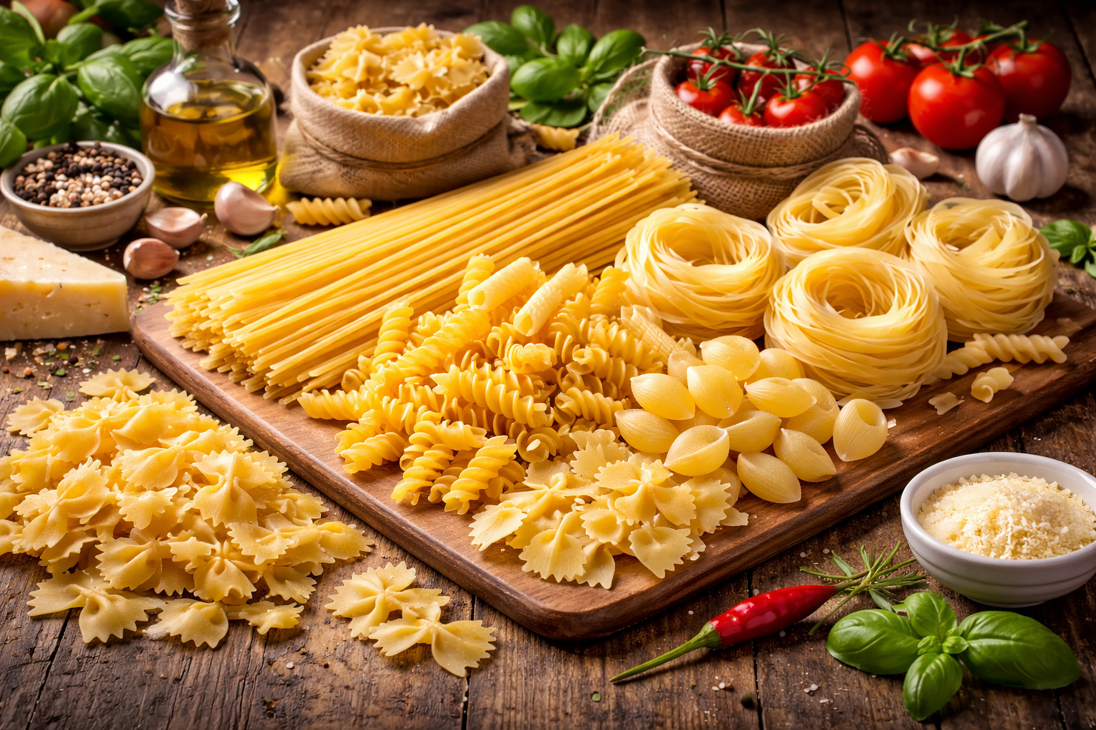 різні види італійської пасти на дерев’яному столі — spaghetti, fusilli, farfalle, penne та tagliatelle з інгредієнтами середземноморської кухні