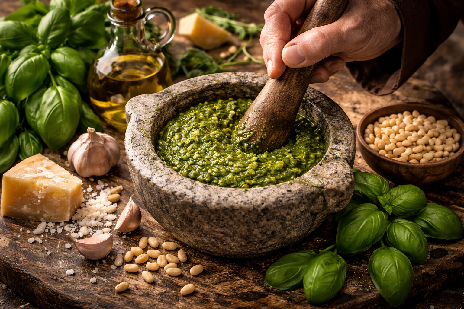 історія песто — монах розтирає соус песто у кам’яній ступці з базиліком, кедровими горіхами та оливковою олією