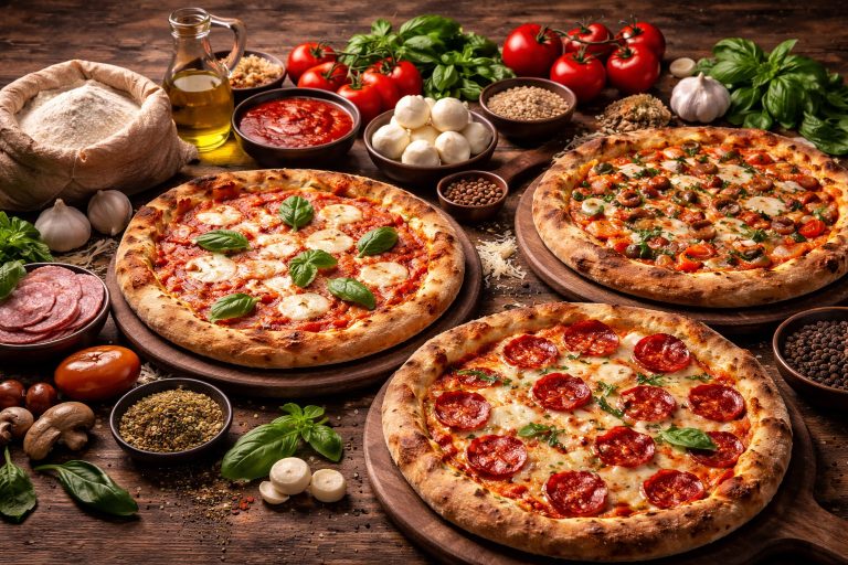 Різні види піци з класичними інгредієнтами: Маргарита, пепероні та овочева піца на дерев’яному столі