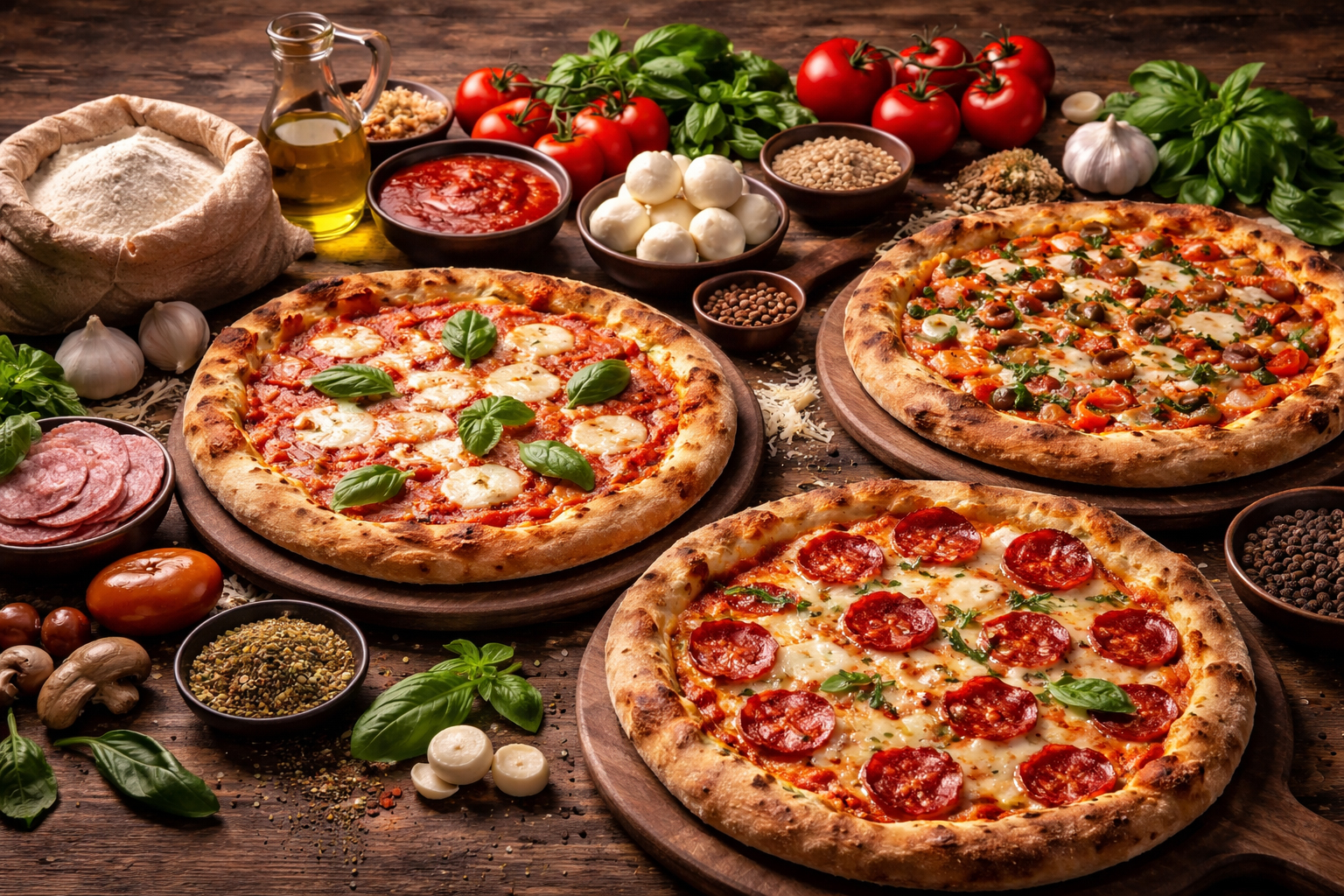 Різні види піци з класичними інгредієнтами: Маргарита, пепероні та овочева піца на дерев’яному столі