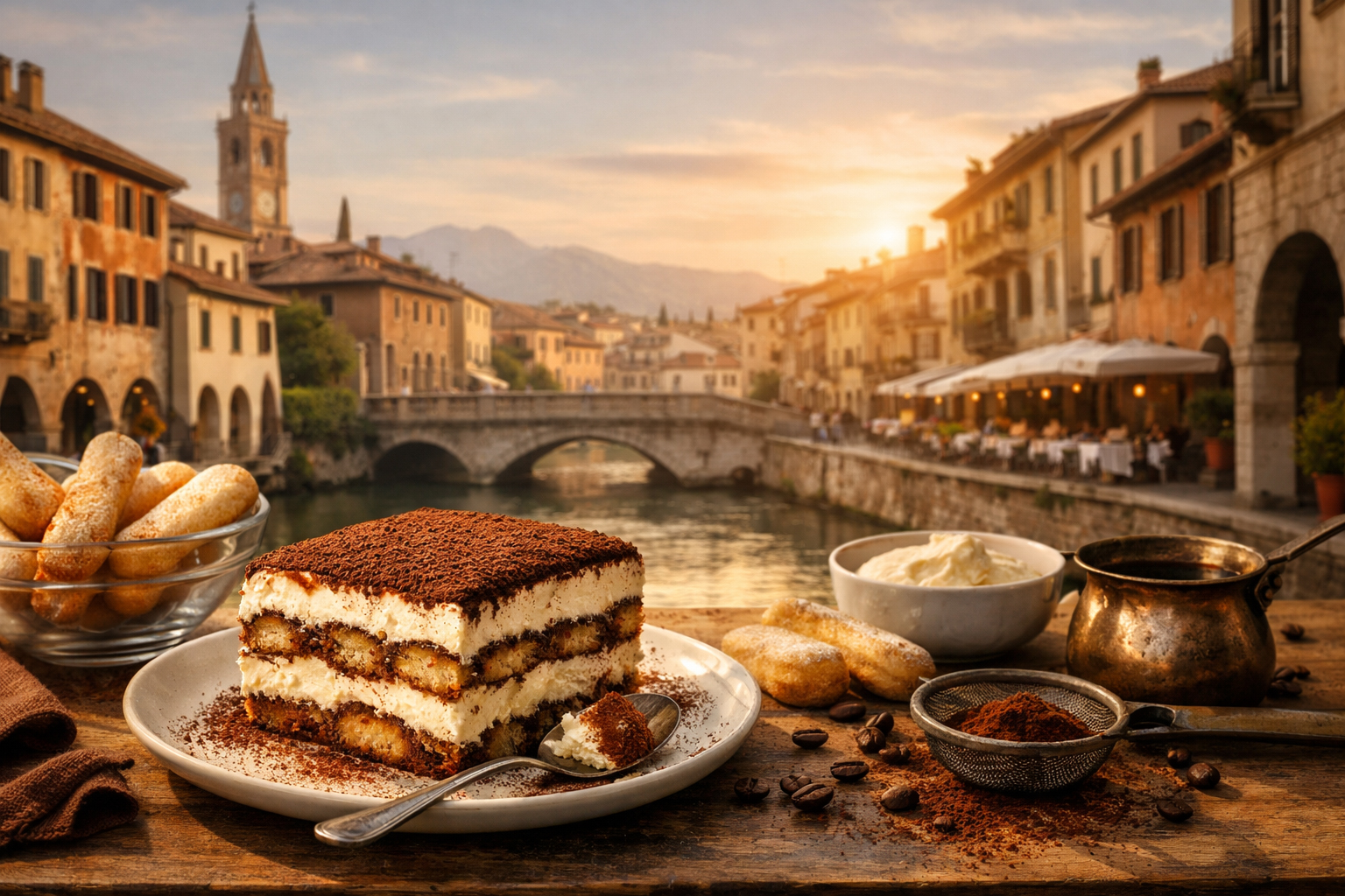 Тірамісу на фоні італійського міста з каналом, кавою та савоярді