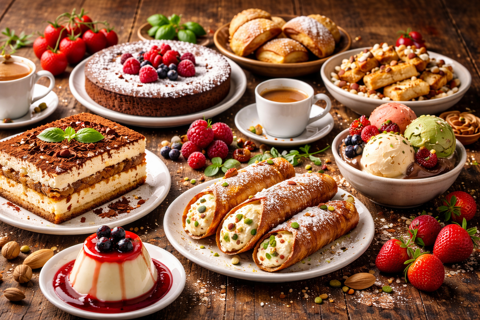 різні італійські десерти на дерев’яному столі — tiramisu, panna cotta, cannoli, gelato та італійські торти з ягодами і горіхами