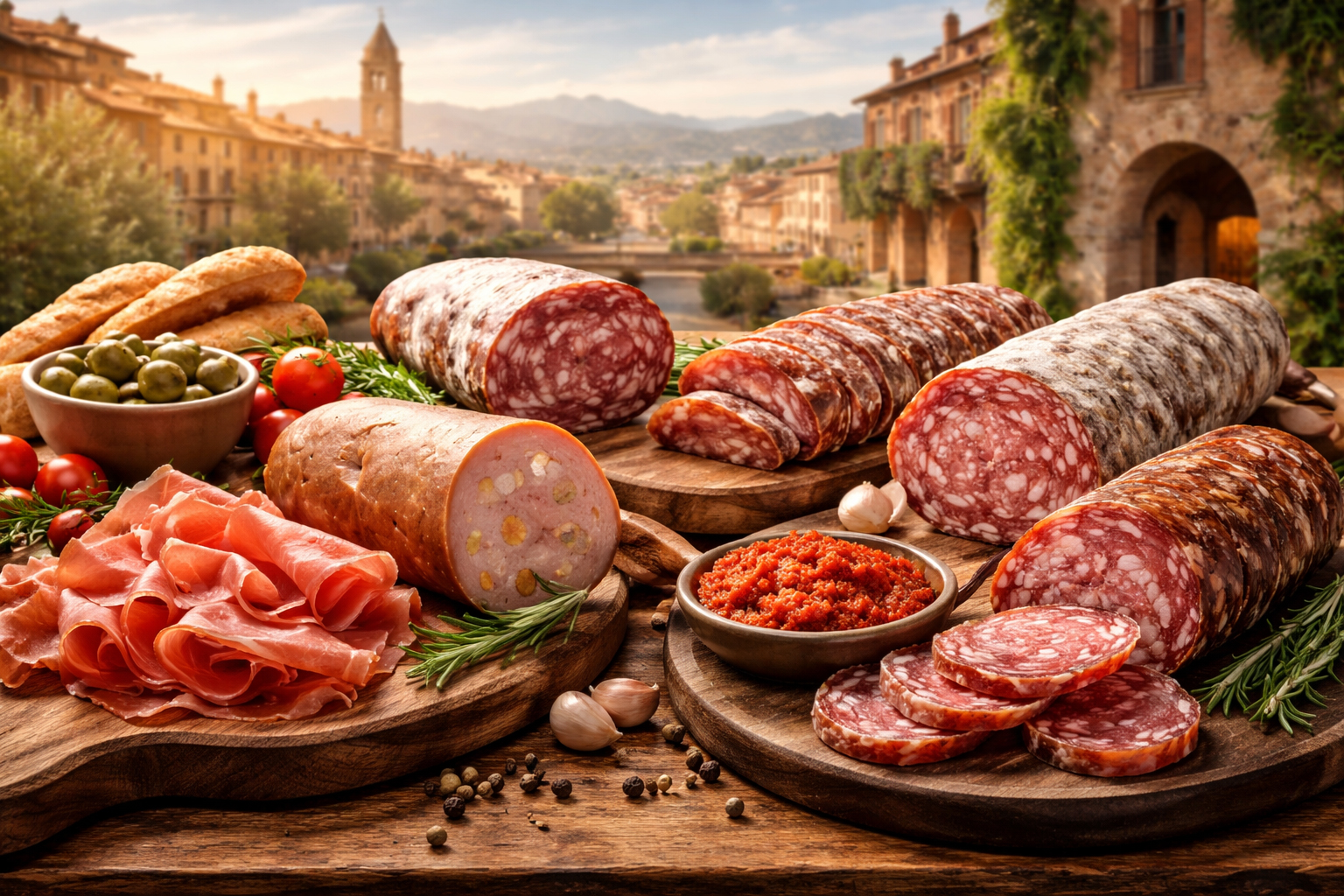 Італійські ковбаси різних видів на дерев’яній дошці з прошуто, салямі та ндуєю