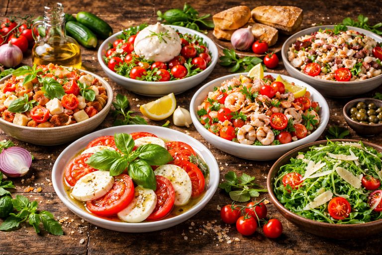різні італійські салати на дерев’яному столі — caprese, салат з руколою, салат з морепродуктами та овочеві середземноморські салати