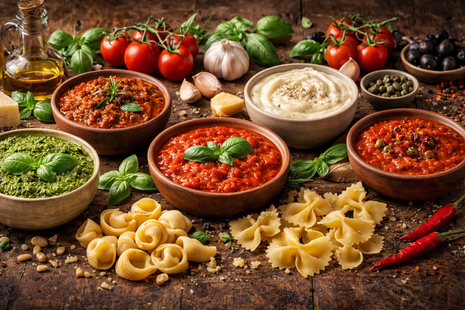 різні італійські соуси на дерев’яному столі — pesto, marinara, ragù, alfredo та arrabbiata з томатами, базиліком і оливковою олією