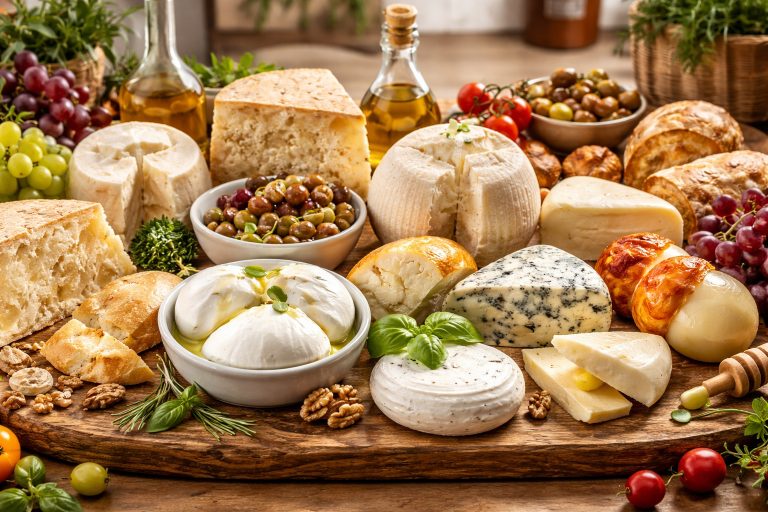 Італійські сири на дерев’яній дошці: моцарела, буррата, пармезан, горгонзола та інші