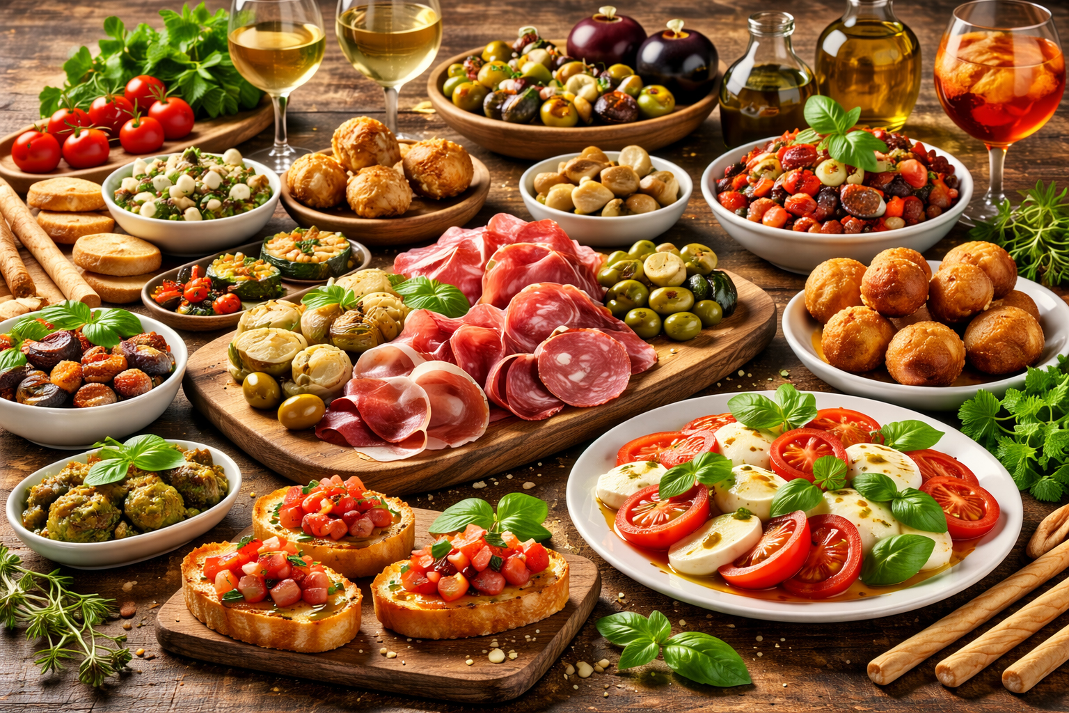 італійські antipasti на дерев’яному столі — prosciutto, salami, mozzarella, bruschetta, оливки та сирна тарілка