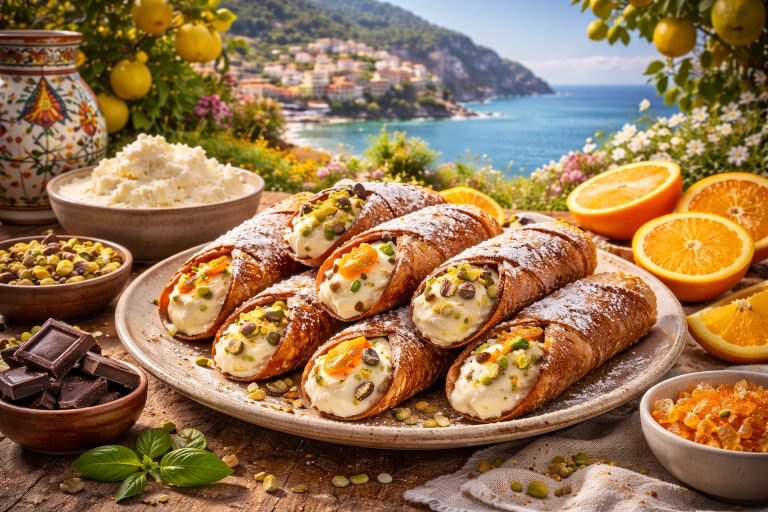 Каннолі — традиційний десерт Сицилії з кремом рікота, фісташками та цукатами на фоні середземноморського узбережжя