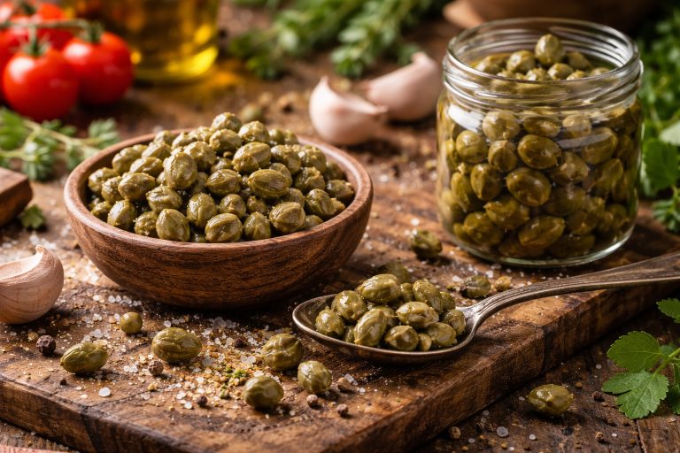 Каперси в мисці та скляній банці на дерев’яній кухонній поверхні з оливковою олією та спеціями — інгредієнт італійської кухні