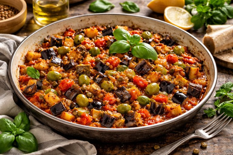 Капоната з баклажанів у томатному соусі з оливками, каперсами та базиліком на сковороді