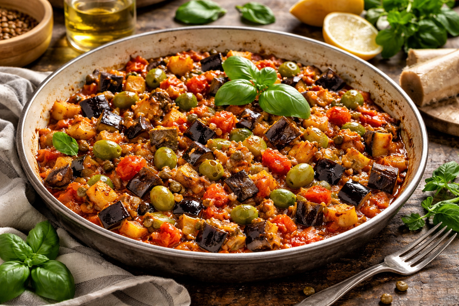 Капоната з баклажанів у томатному соусі з оливками, каперсами та базиліком на сковороді