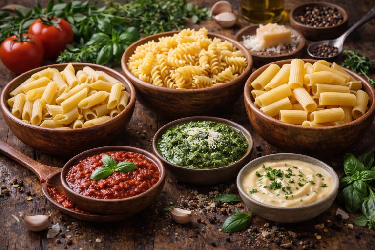 Коротка італійська паста — пенне, фузіллі та рігатоні у дерев’яних мисках із соусами та свіжими інгредієнтами