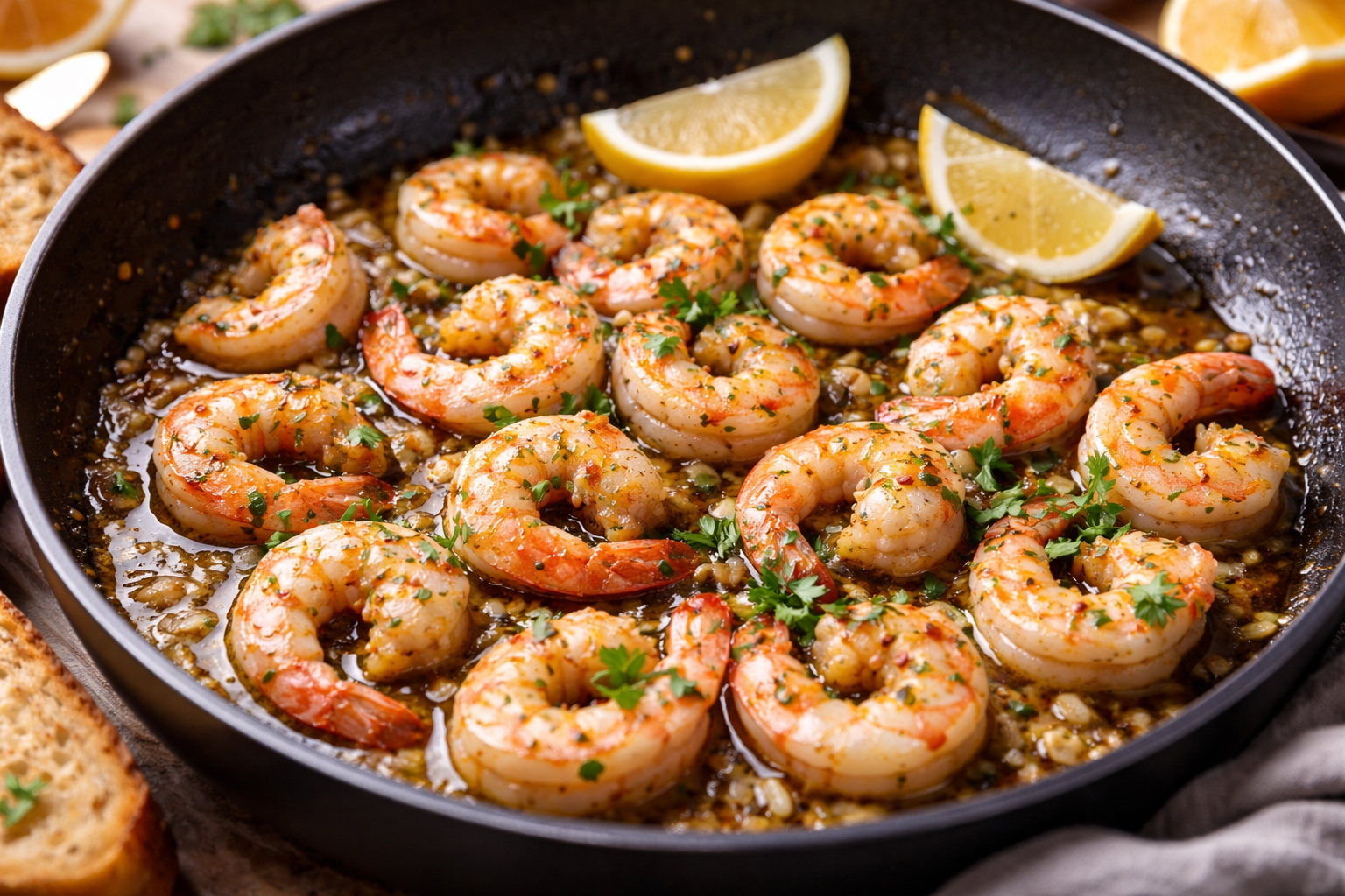 Креветки з часником на сковороді з оливковою олією, петрушкою та лимоном