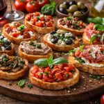 Кростіні з різними начинками — італійська закуска з хрусткого хліба з томатами, прошутто, грибами та сиром
