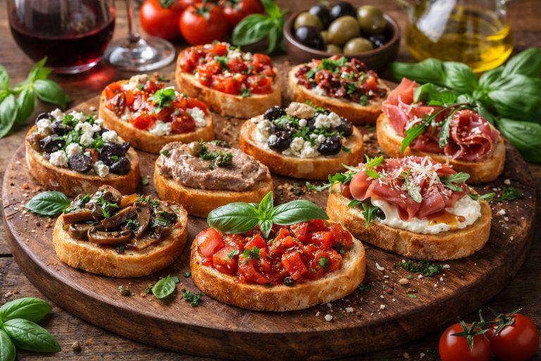 Кростіні з різними начинками — італійська закуска з хрусткого хліба з томатами, прошутто, грибами та сиром