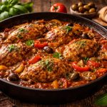 Курка каччаторе в томатному соусі з овочами, грибами та оливками у сковороді
