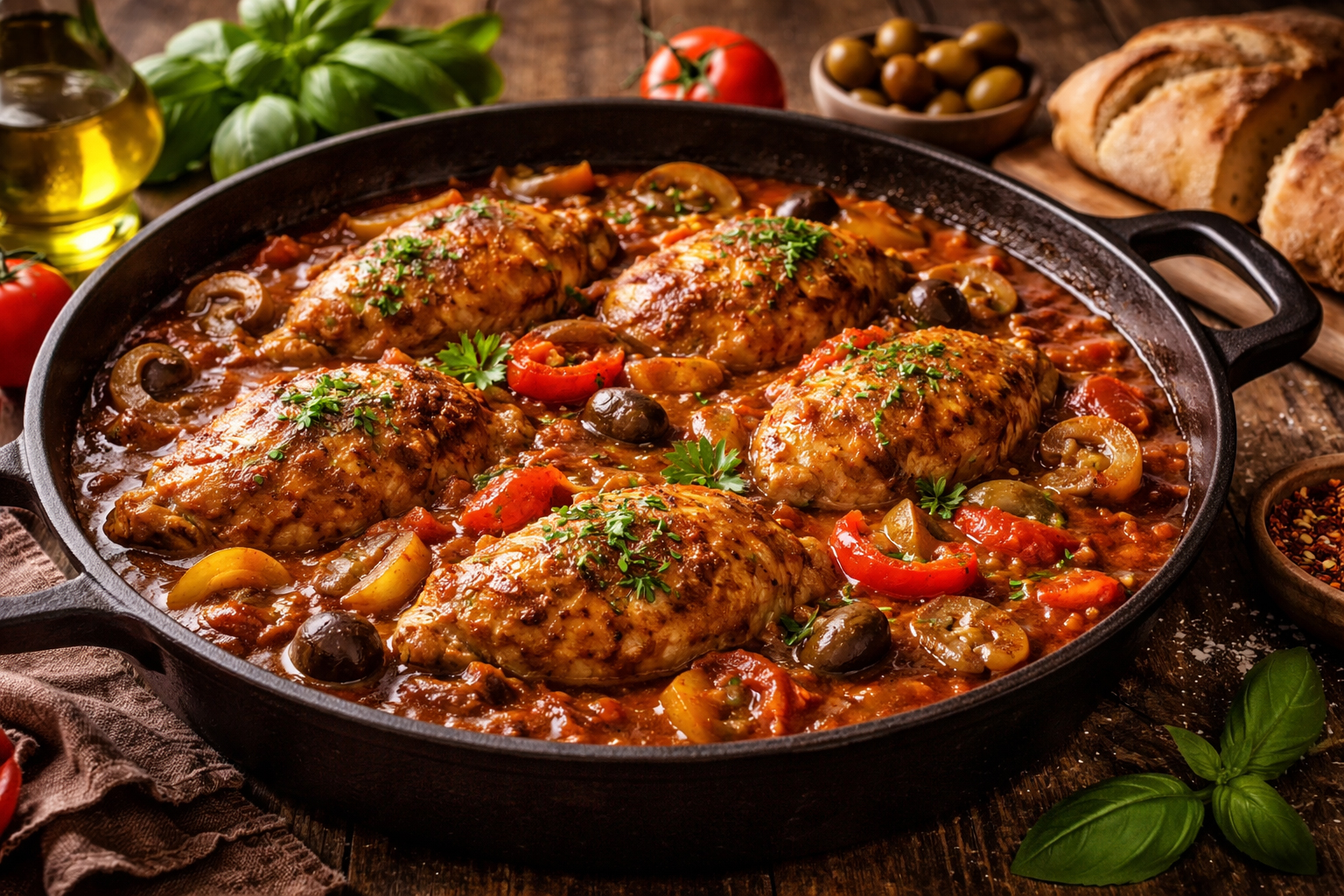 Курка каччаторе в томатному соусі з овочами, грибами та оливками у сковороді