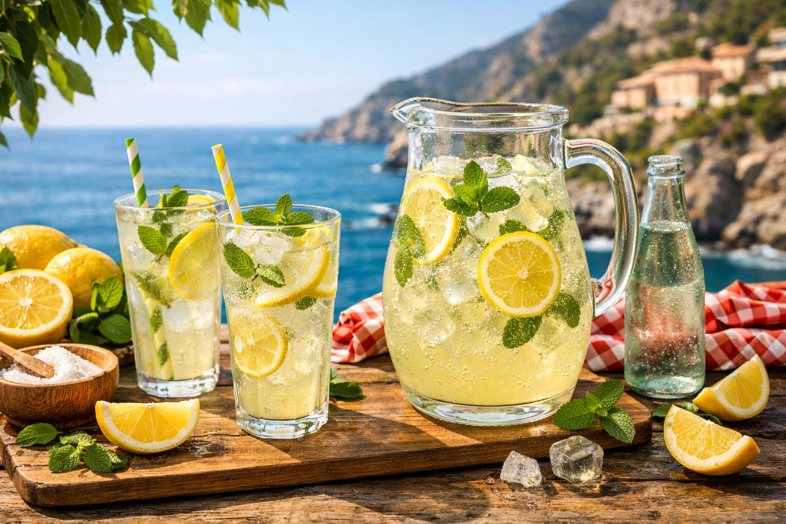 Лимонад по-італійськи з м’ятою, лимоном та льодом у склянках і глечику на тлі моря