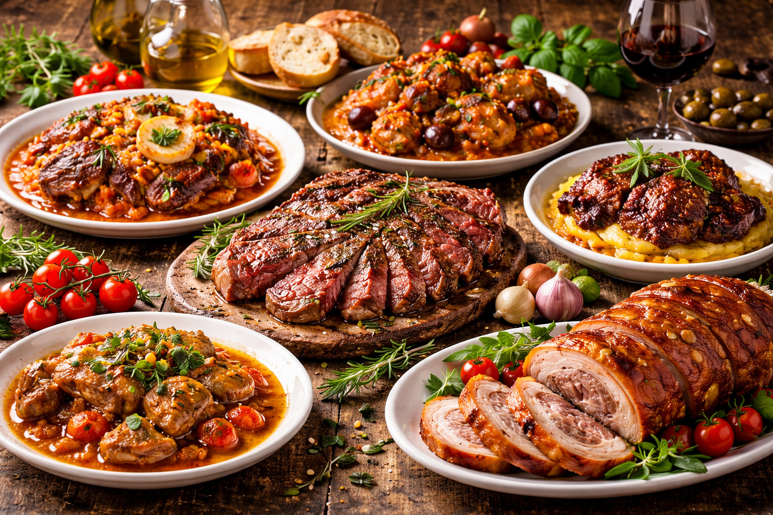 італійські м’ясні страви на дерев’яному столі — bistecca alla fiorentina, ossobuco, porchetta та pollo alla cacciatora з травами і вином