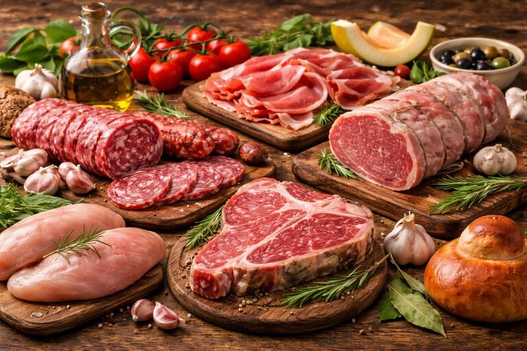 м’ясо в італійській кухні — прошуто, салямі, яловичий стейк, свинина та курятина на дерев’яному столі з травами