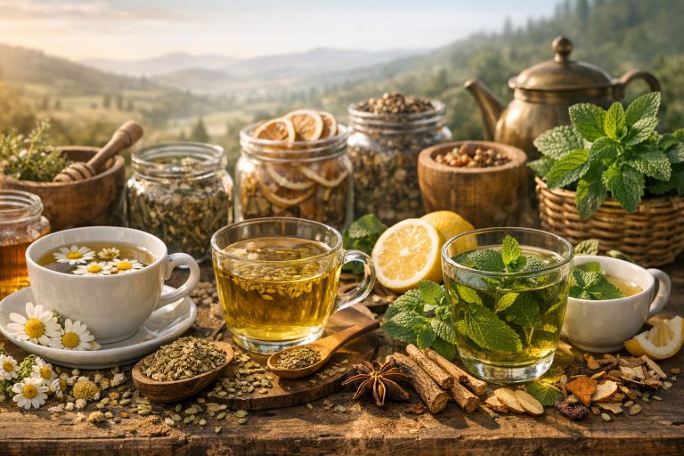 Найпопулярніші тізани Італії — ромашка, фенхель, м’ята та трав’яні настої в чашках на дерев’яному столі