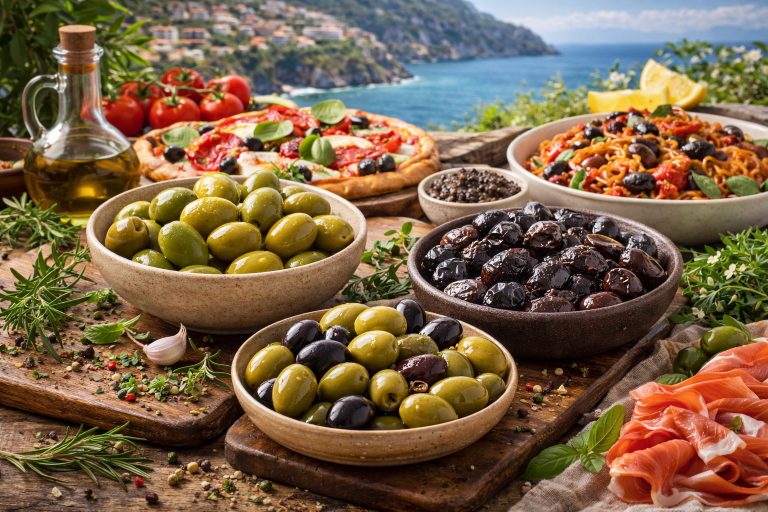 Зелені та чорні оливки на дерев’яних дошках із середземноморськими інгредієнтами на фоні італійського узбережжя