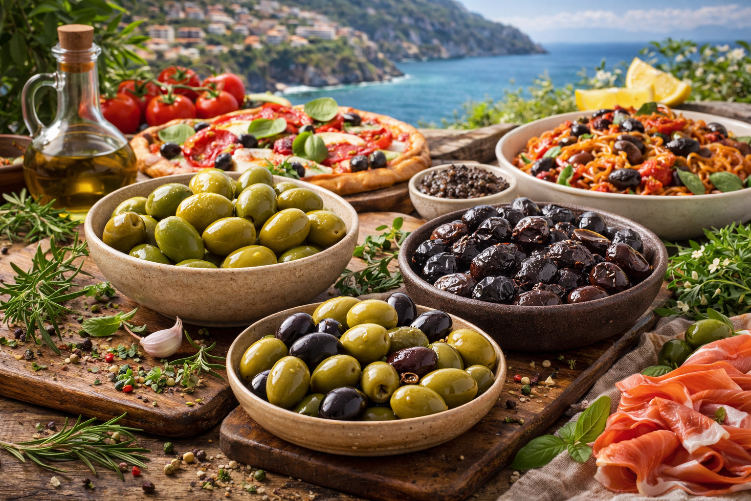 Зелені та чорні оливки на дерев’яних дошках із середземноморськими інгредієнтами на фоні італійського узбережжя