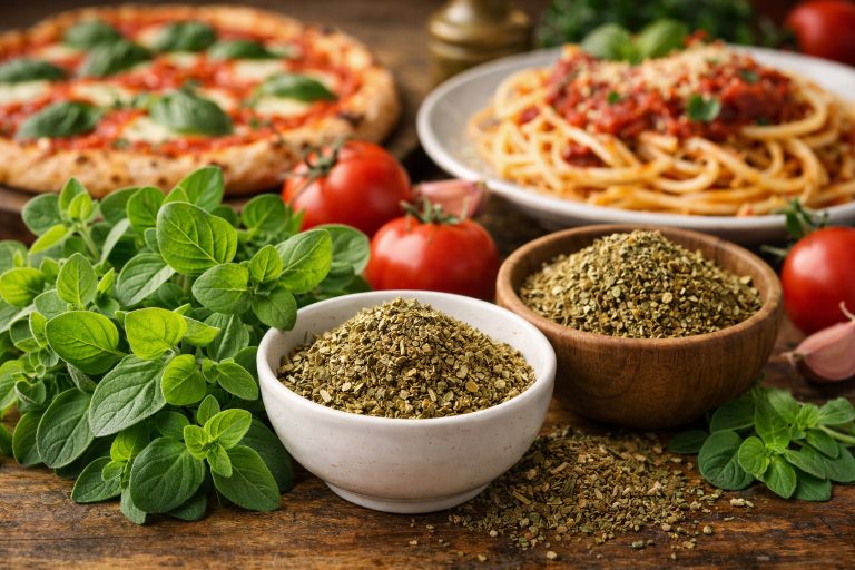 свіжий та сушений орегано з італійськими стравами на фоні — піца та паста з томатним соусом