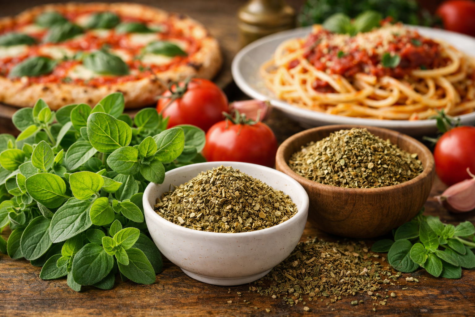 свіжий та сушений орегано з італійськими стравами на фоні — піца та паста з томатним соусом