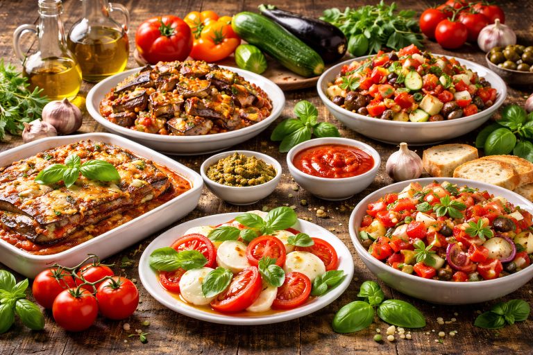 овочі в італійській кухні — caprese, caponata, parmigiana di melanzane та овочі на грилі на дерев’яному столі