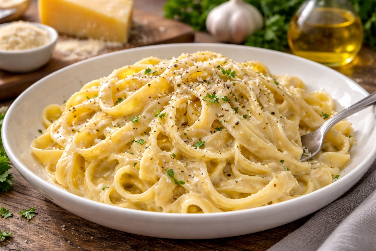 Паста Альфредо з вершковим соусом і пармезаном у глибокій тарілці крупним планом