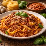 Паста болоньєзе з м’ясним соусом, тальятеле, пармезаном і базиліком на дерев’яному столі