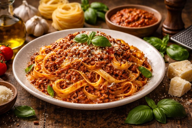 Паста болоньєзе з м’ясним соусом, тальятеле, пармезаном і базиліком на дерев’яному столі