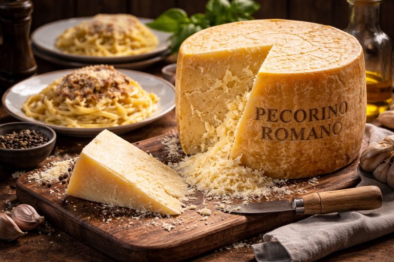 Пекоріно Романо — витриманий італійський сир з овечого молока, шматок і натертий сир на дерев’яній дошці