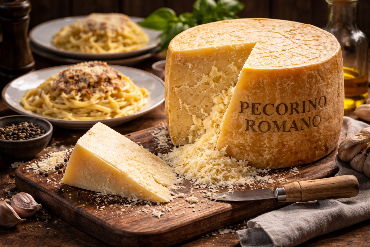 Пекоріно Романо — витриманий італійський сир з овечого молока, шматок і натертий сир на дерев’яній дошці