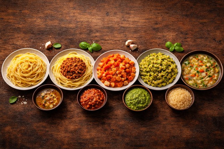 Різні види пасти з соусами: спагеті, тальятеле, рігатоні, фузіллі та орзо на дерев’яному фоні